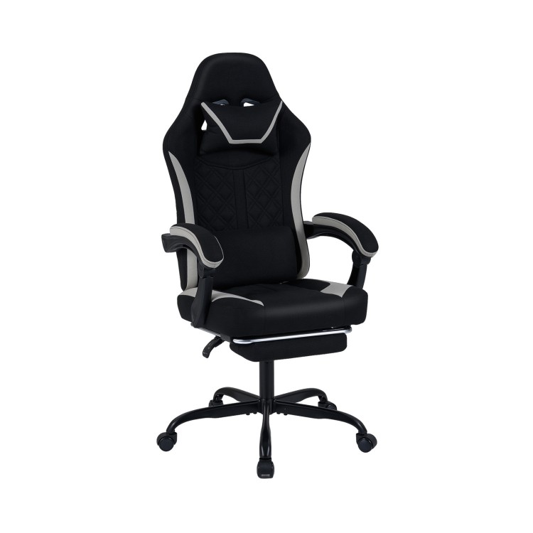 Gaming chair with ergonomic design, adjustable height, headrest, footrest, and 360° swivel for optimal comfort.
