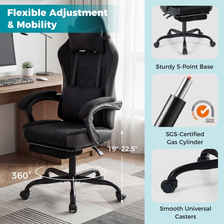 Gaming chair with adjustable height, headrest, and lumbar support, featuring a 360° swivel and sturdy 5-point base.
