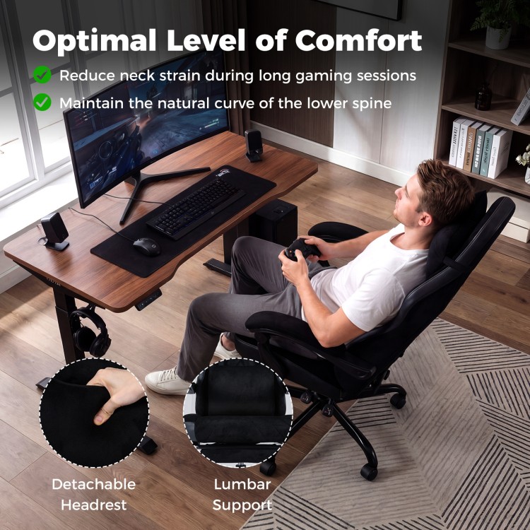 Gaming chair with adjustable height, lumbar support, and headrest, designed for comfort during long gaming sessions.