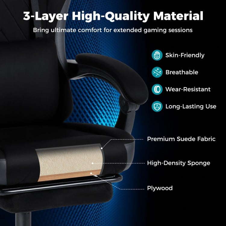 Close-up of the gaming chair's premium suede fabric and high-density sponge, designed for long-lasting comfort and.