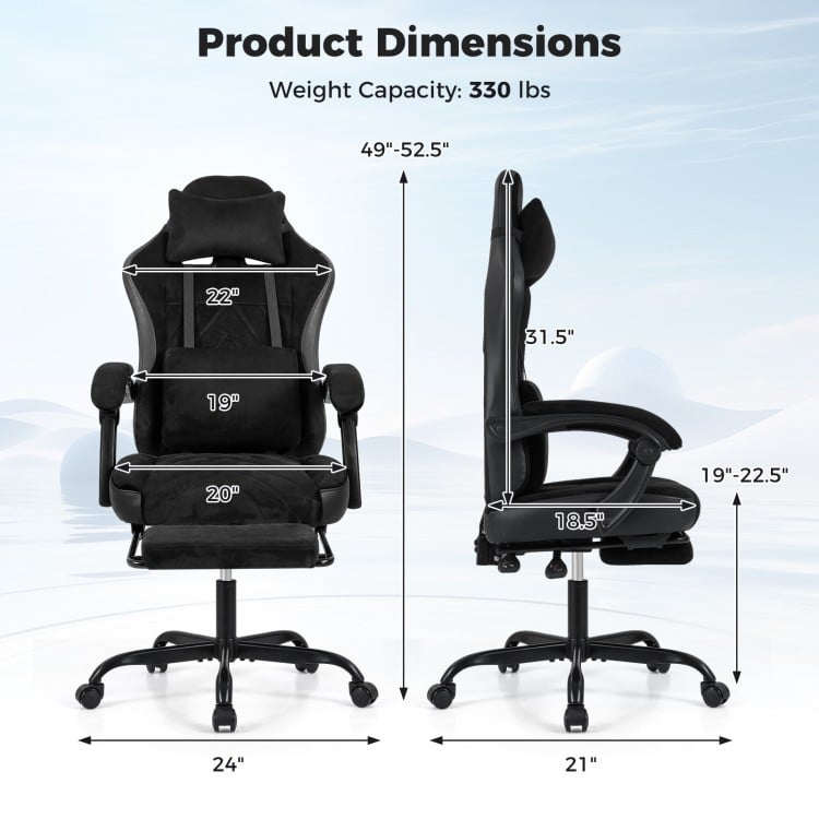 Gaming chair dimensions with adjustable height, lumbar support, and 330 lbs weight capacity for optimal comfort.