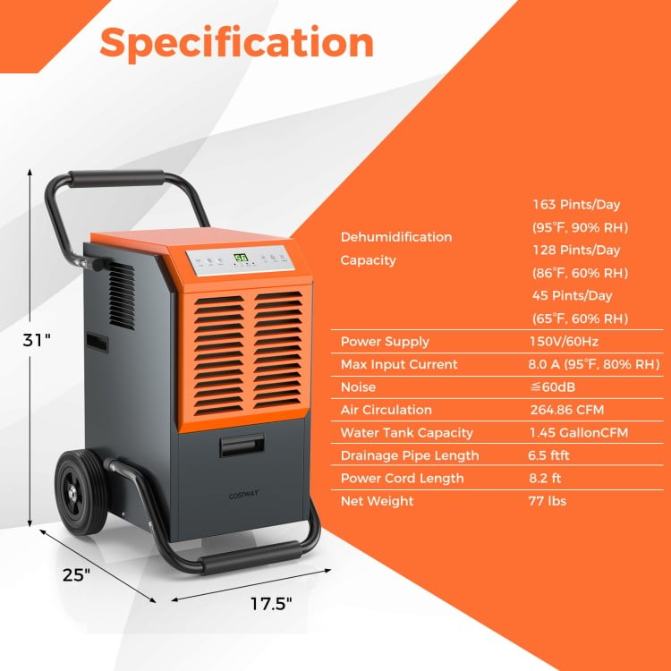 Industrial dehumidifier with 163 pints/day capacity, designed for garages and workshops to improve air quality.