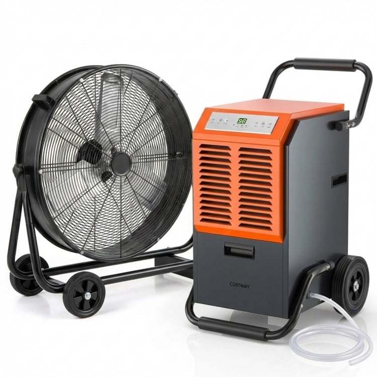 Dehumidifier and industrial drum fan bundle for climate control in large spaces, ideal for garages and workshops.