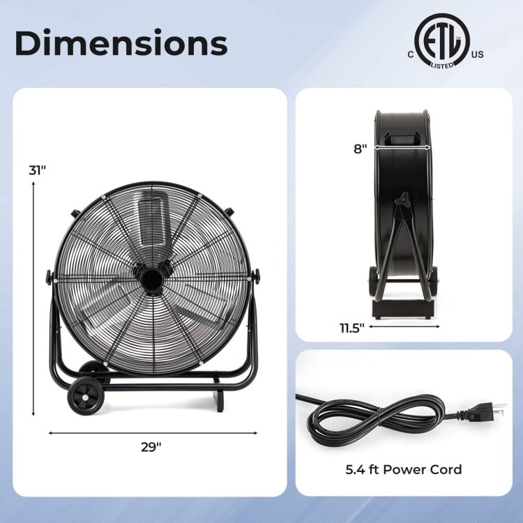 Industrial drum fan dimensions showing front and side views, ideal for ventilating large spaces like garages and.