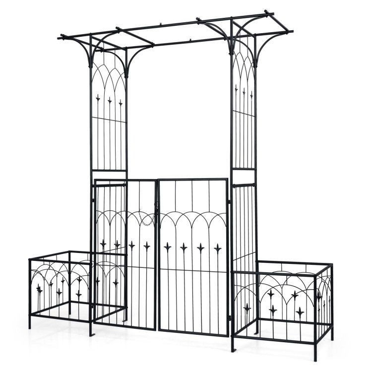 Garden arbor with gate and planter boxes, featuring a stable triangular structure and decorative patterns for garden.