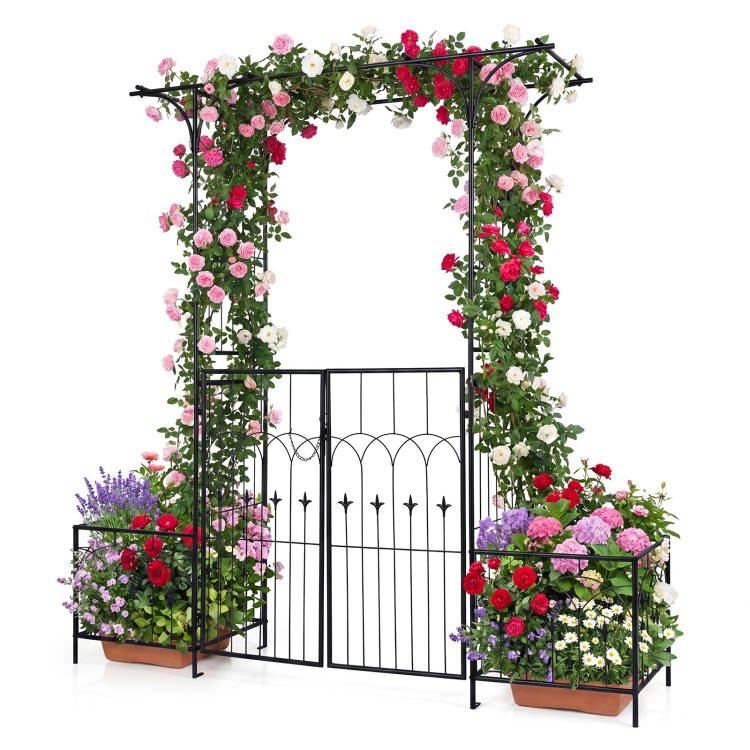 Garden arbor with gate and planter boxes, showcasing two planter boxes for vibrant flowers and a double-door entrance.