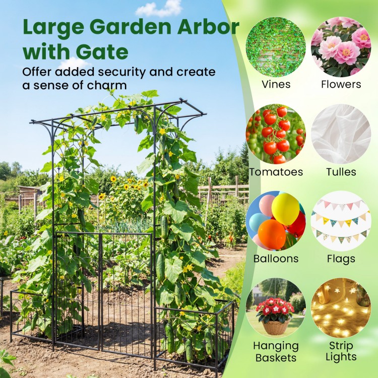 Large garden arbor with gate and planter boxes, featuring a sturdy metal frame for climbing plants and decorative use.