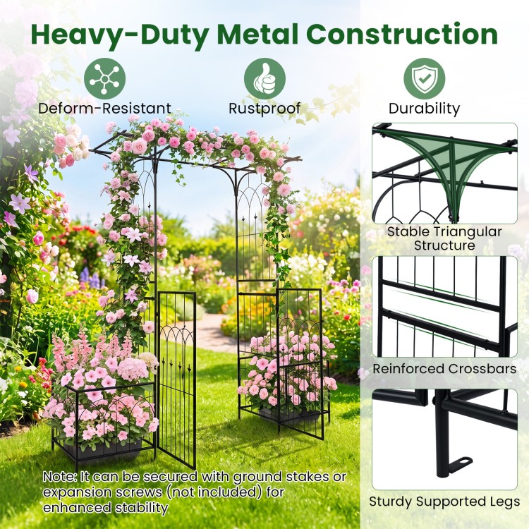 Garden arbor with gate and planter boxes, featuring a heavy-duty metal frame and side trellis for climbing plants.