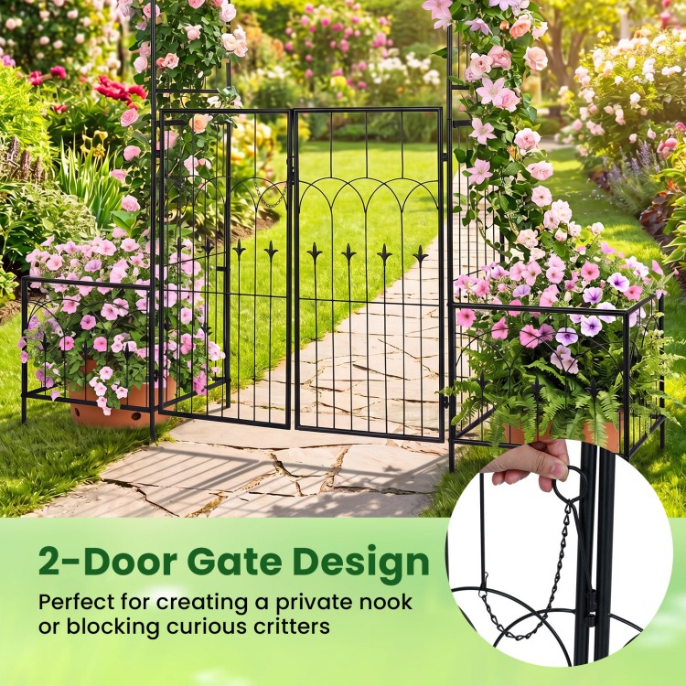 Garden arbor with double-door gate design, featuring a heavy-duty metal frame and side trellis for climbing plants.