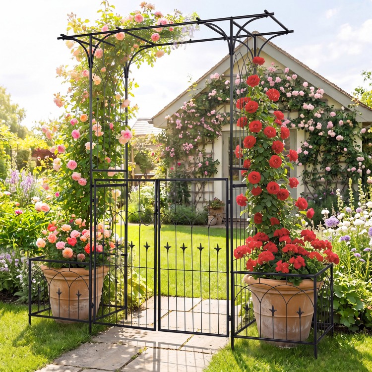 Garden arbor with gate and planter boxes, showcasing decorative patterns and a stable triangular structure for gardens.