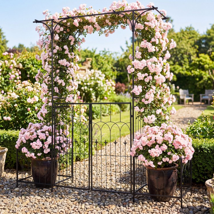 Garden arbor with gate and planter boxes, featuring a heavy-duty metal arch and side trellis for climbing plants.