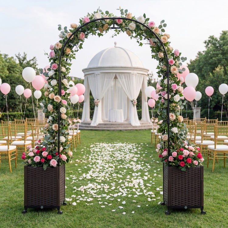 Garden arch trellis with self-watering planter boxes in black, perfect for outdoor events and supporting climbing.