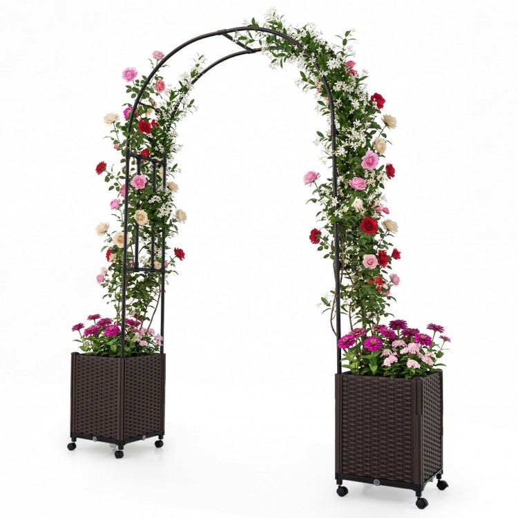 Garden arch trellis with two self-watering planter boxes in black, ideal for supporting climbing plants and outdoor.