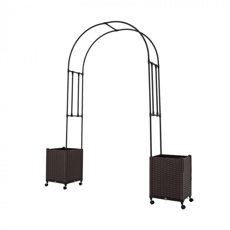 Garden arch trellis with two self-watering planter boxes in black, designed for climbing plants and easy mobility.