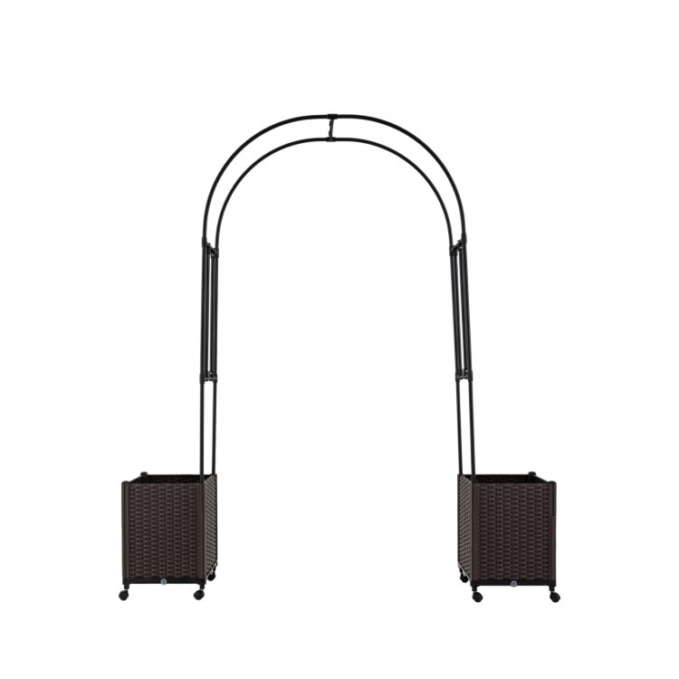 Garden arch trellis with two self-watering planter boxes, black, designed for climbing plants and easy mobility.