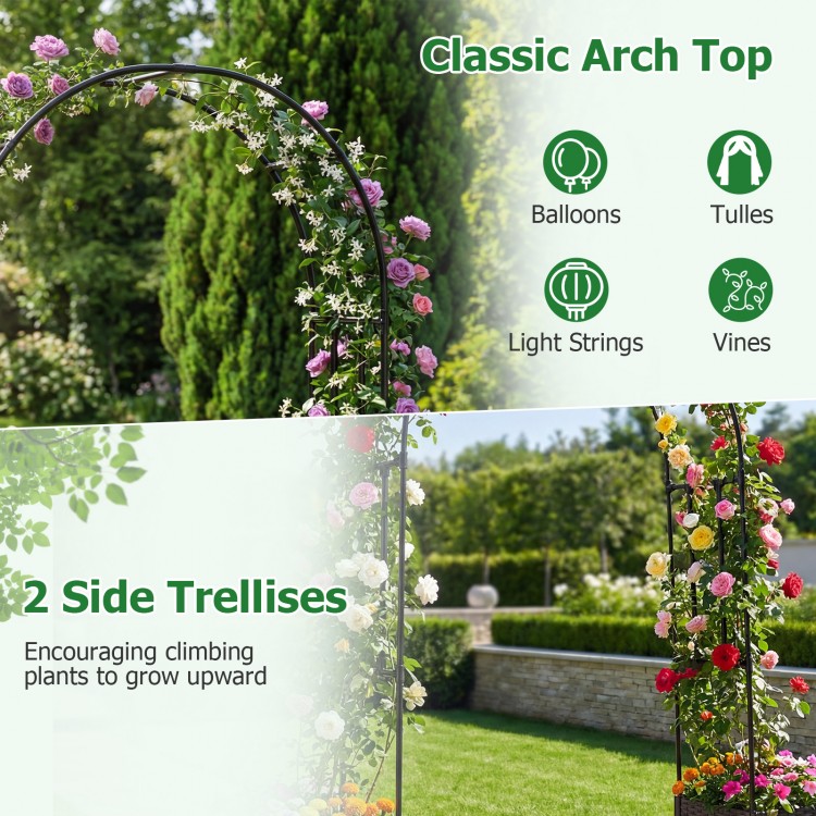 Garden arch trellis with two side trellises and self-watering planter boxes, ideal for climbing plants and outdoor.