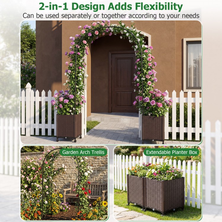 Garden arch trellis with two self-watering planter boxes, ideal for supporting climbing plants in outdoor spaces.