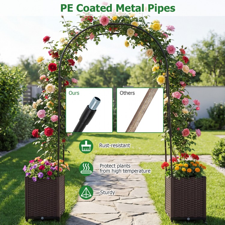 Garden arch trellis with two self-watering planter boxes, featuring rust-proof metal pipes for plant protection and.