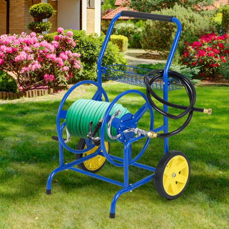 Garden hose reel cart in blue with two wheels and storage basket, designed for easy hose management in your garden.