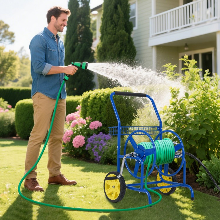 Garden hose reel cart in blue with 2 wheels, storage basket, and foam-padded handrail for easy maneuvering in the.