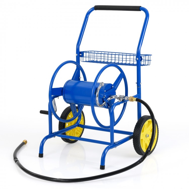 Garden hose reel cart in blue with two wheels and storage basket, designed for easy hose management in the garden.