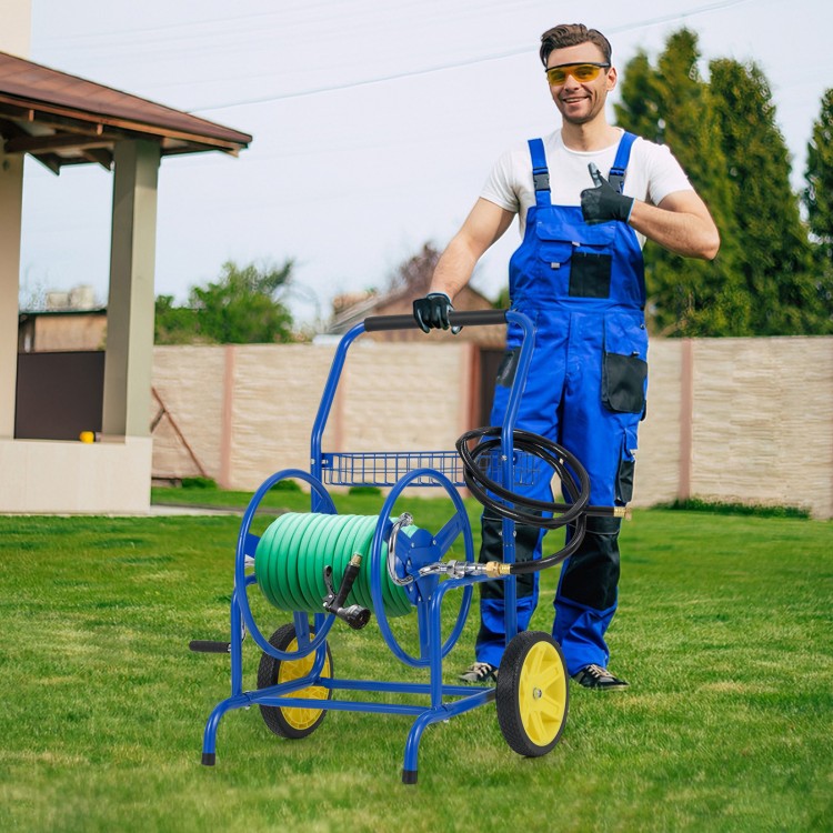 Garden hose reel cart in blue with two wheels and storage basket, ideal for easy hose management in the garden.