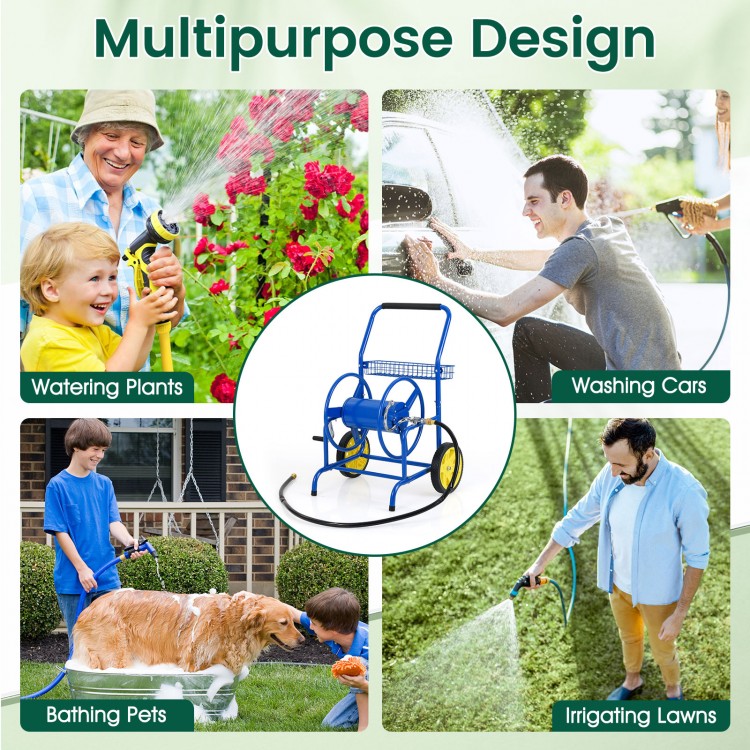 Garden hose reel cart with two wheels and storage basket, ideal for watering plants and washing cars.