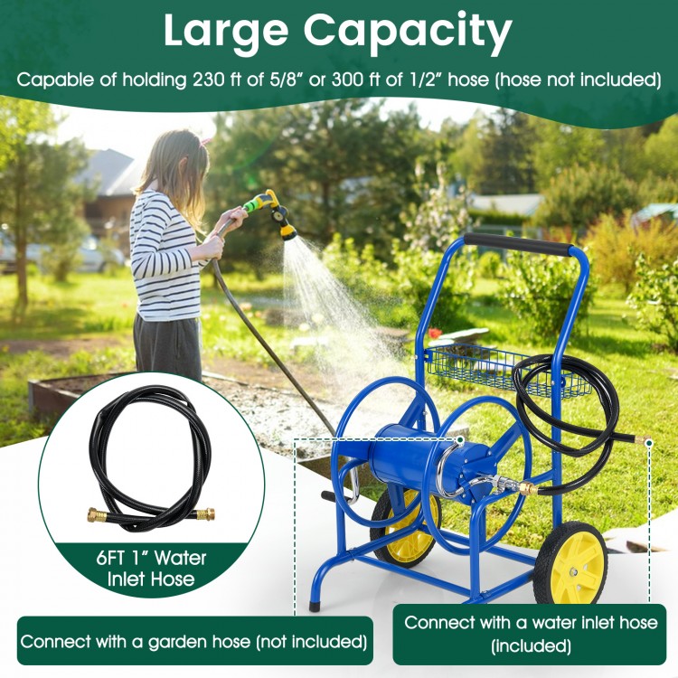 Garden hose reel cart in blue with 2 wheels, holding 230 ft of hose, featuring a storage basket for gardening tools.
