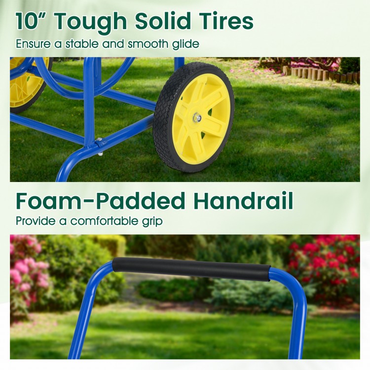 10" tough solid tires for smooth gliding and foam-padded handrail for comfortable grip on the garden hose reel cart.