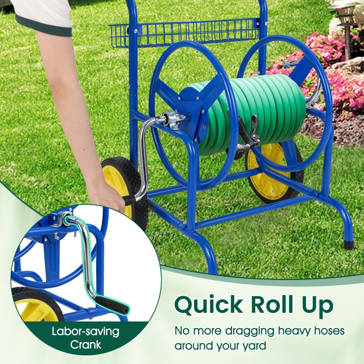 Garden hose reel cart in blue with two wheels, storage basket, and foam-padded handrail for easy maneuvering.