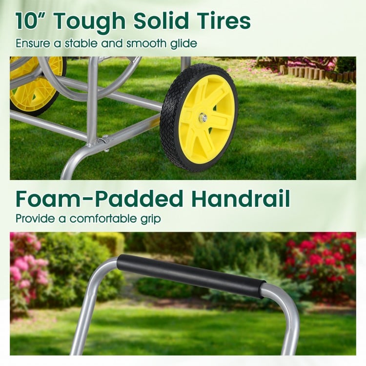 10" tough solid tires and foam-padded handrail on the garden hose reel cart for easy maneuverability and stability.
