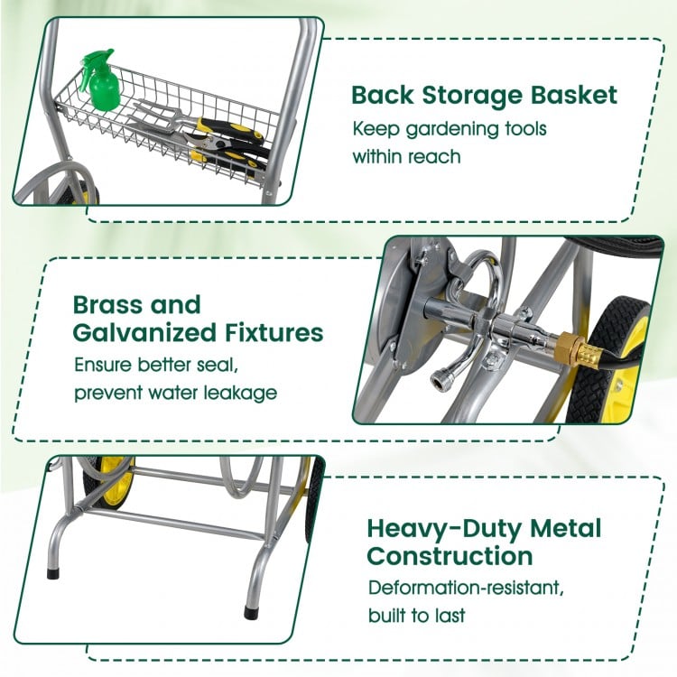 Garden hose reel cart with storage basket, heavy-duty metal construction, and brass fixtures for durability and leak.