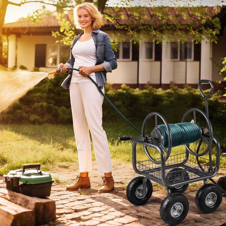 Garden hose reel cart with 300 ft capacity, 4 wheels, and storage basket, ideal for easy maneuvering in gardens.