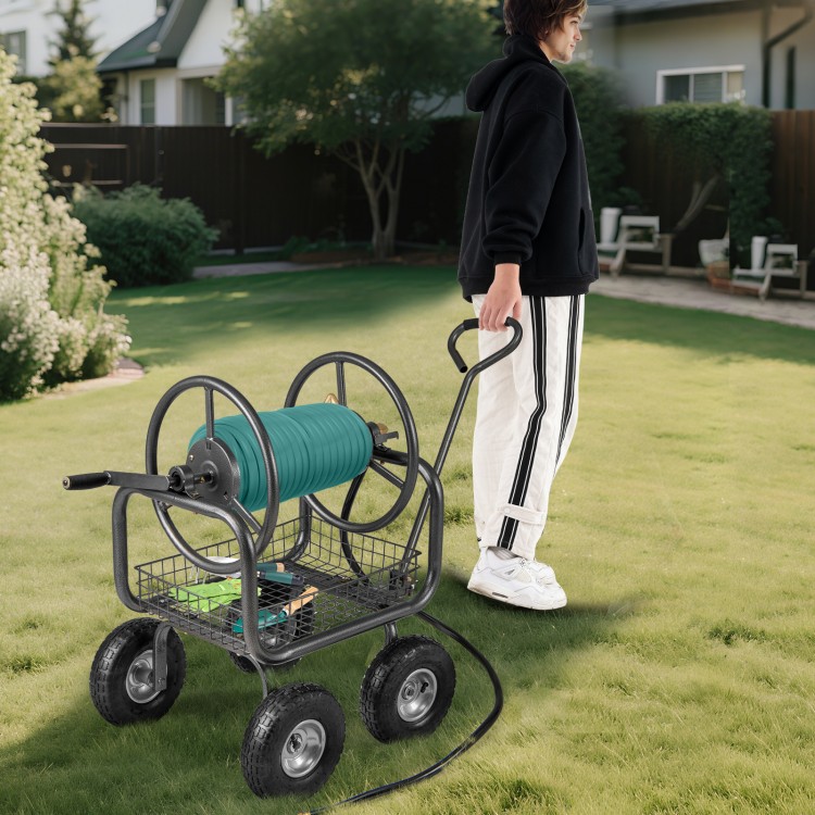 Garden hose reel cart with 300 ft capacity, 4 wheels, and storage basket, ideal for easy maneuvering in the yard.