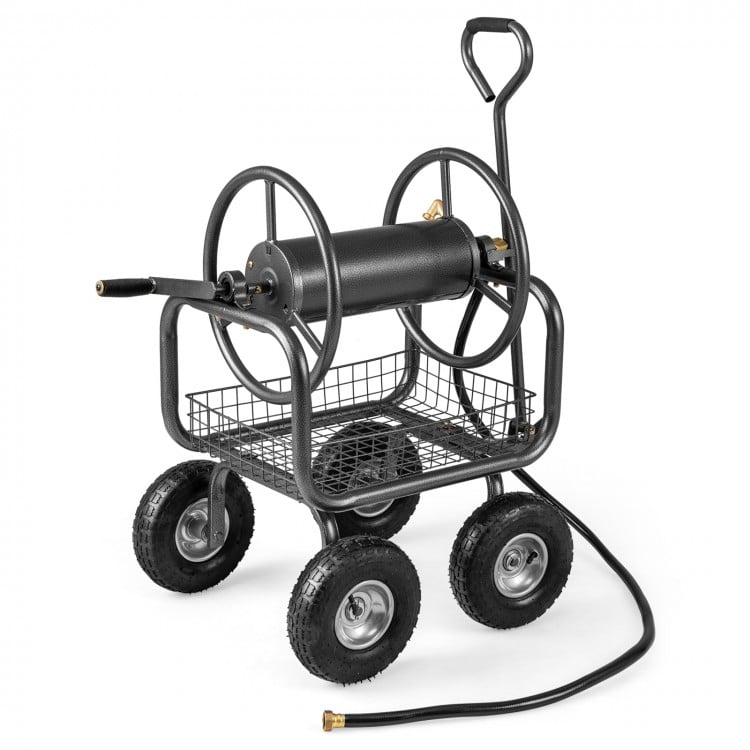 Garden hose reel cart with 4 wheels and storage basket, holds 300 ft hose, ideal for easy maneuvering in the garden.