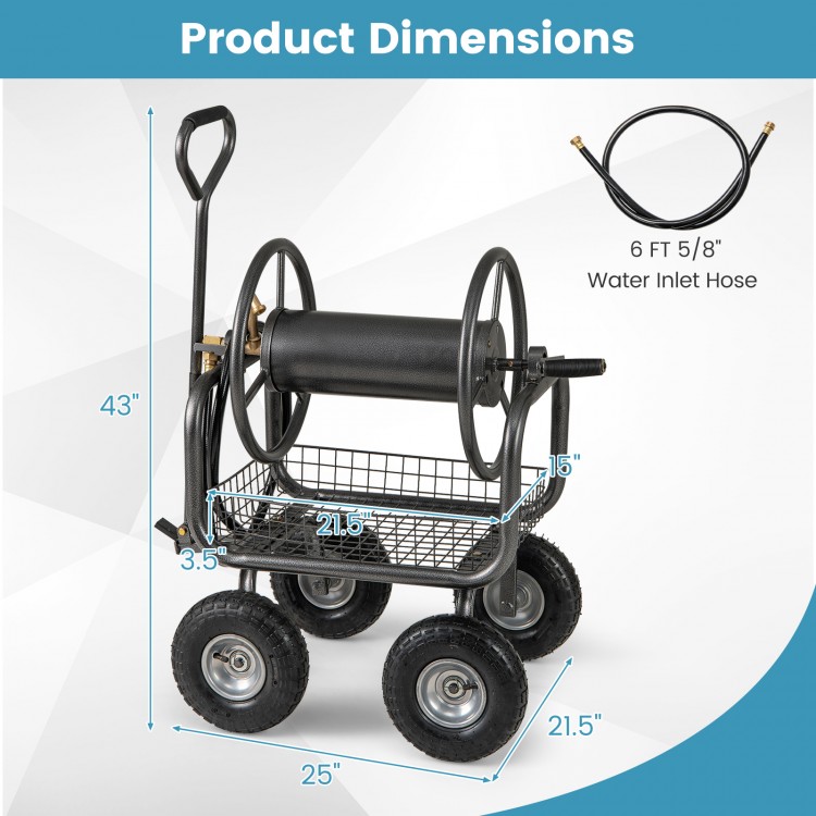 Garden hose reel cart with 4 wheels, storage basket, and 300 ft capacity, designed for easy maneuverability in gardens.