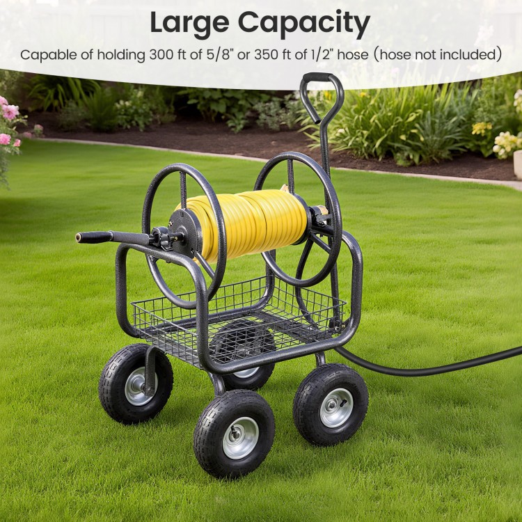 Garden hose reel cart with large capacity, holding 300 ft hose, featuring 4 wheels and a storage basket for tools.