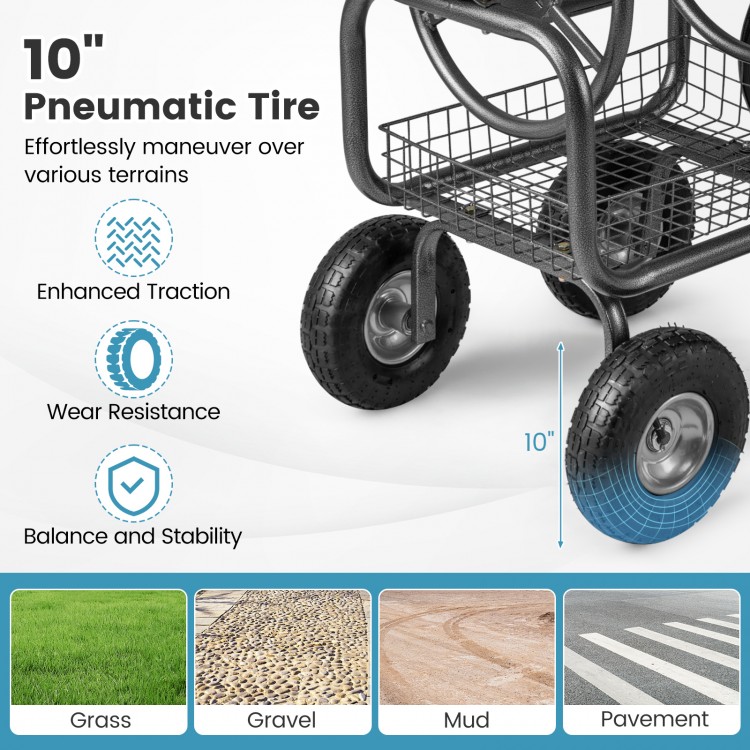 10" pneumatic tire of the gray garden hose reel cart, designed for stability and maneuverability on various terrains.
