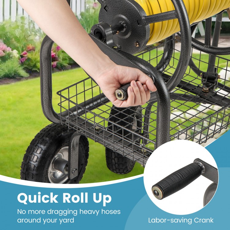 Garden hose reel cart with a labor-saving crank, featuring a storage basket and pneumatic tires for easy.