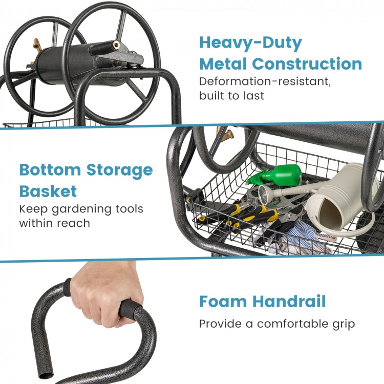 Garden hose reel cart with heavy-duty metal construction, foam handrail, and bottom storage basket for gardening tools.