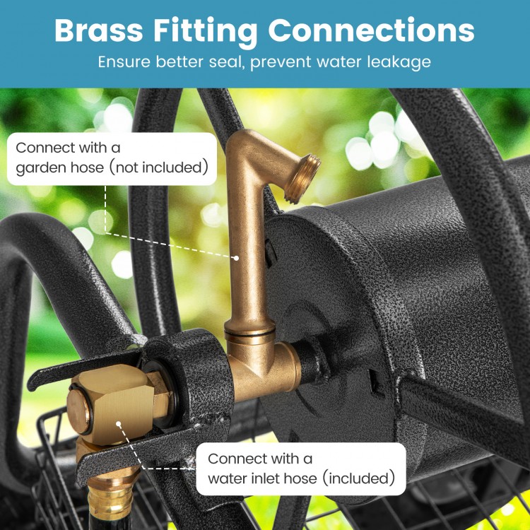 Brass fitting connections on the garden hose reel cart ensure a better seal and prevent water leakage for efficient use.