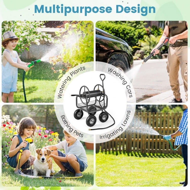 Garden hose reel cart with 4 wheels and storage basket, ideal for watering plants, washing cars, and bathing pets.