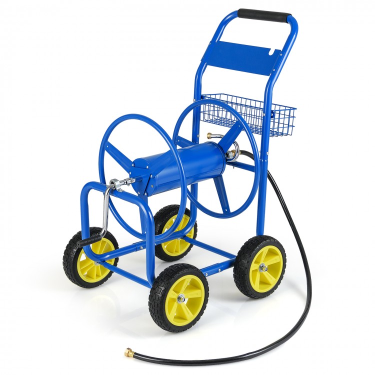 Garden hose reel cart in blue with four wheels, storage basket, and foam-padded handrail for easy maneuverability.