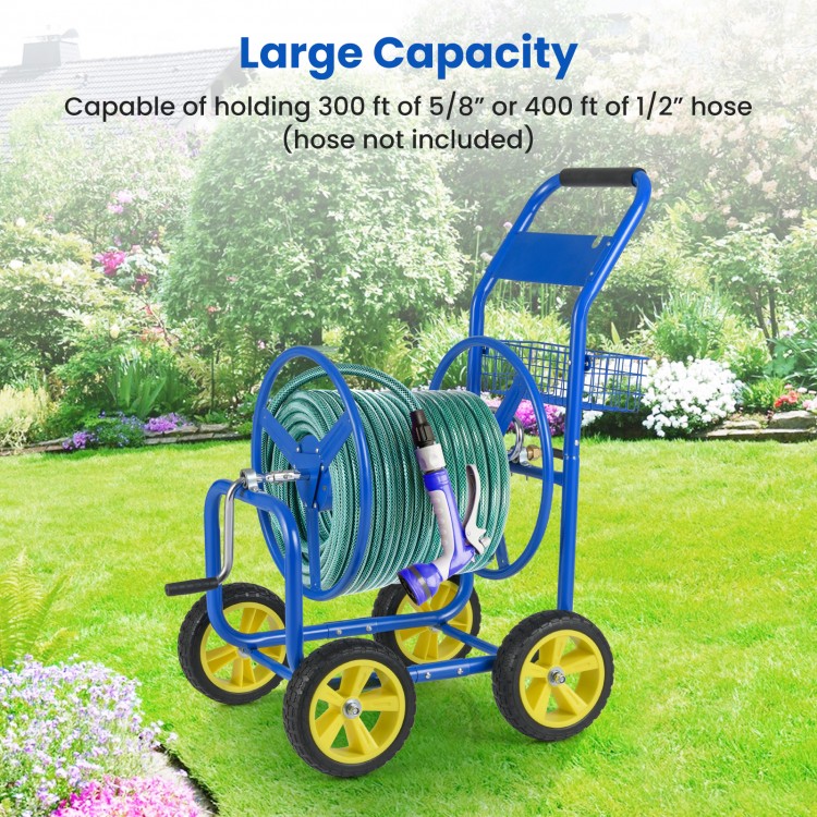 Garden hose reel cart in blue with large capacity for 300 ft hose, featuring 4 wheels and a storage basket.