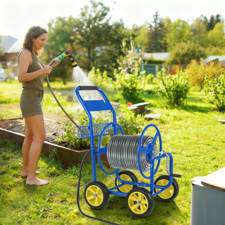 Garden hose reel cart in blue with 4 wheels, holding a hose, ideal for watering plants and garden maintenance.
