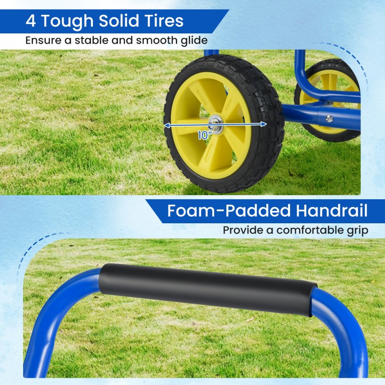 Solid tire detail and foam-padded handrail of the blue garden hose reel cart for easy maneuverability and stability.