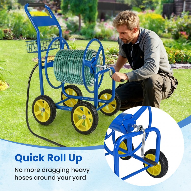 Blue garden hose reel cart with solid tires, designed for smooth movement and quick hose roll-up in your yard.