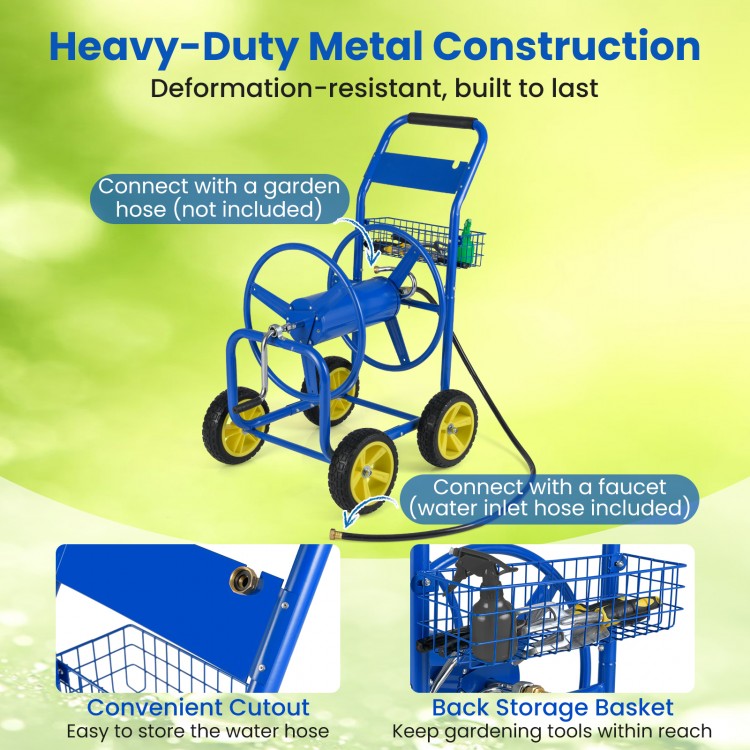 Garden hose reel cart in blue with heavy-duty metal construction, 4 wheels, and storage basket for easy gardening.