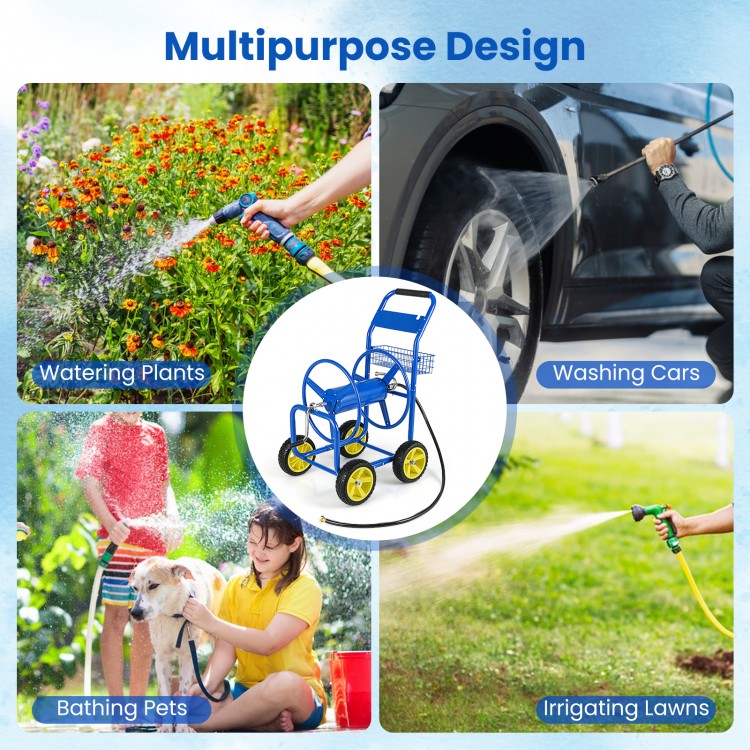 Garden hose reel cart in blue with 4 wheels and storage basket, ideal for watering plants and washing cars.