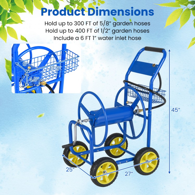 Garden hose reel cart in blue with 4 wheels, storage basket, and 6 FT water inlet hose for easy garden use.